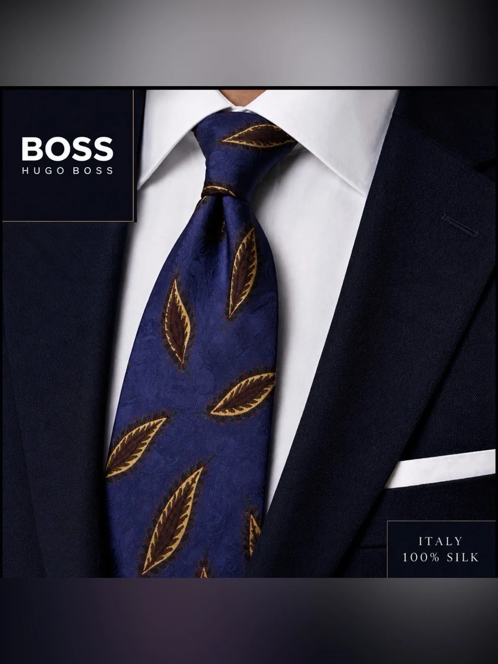 Hugo Boss Silk Tie Blue Purple Leaf Pattern Wide Classic Italy Designer Luxury